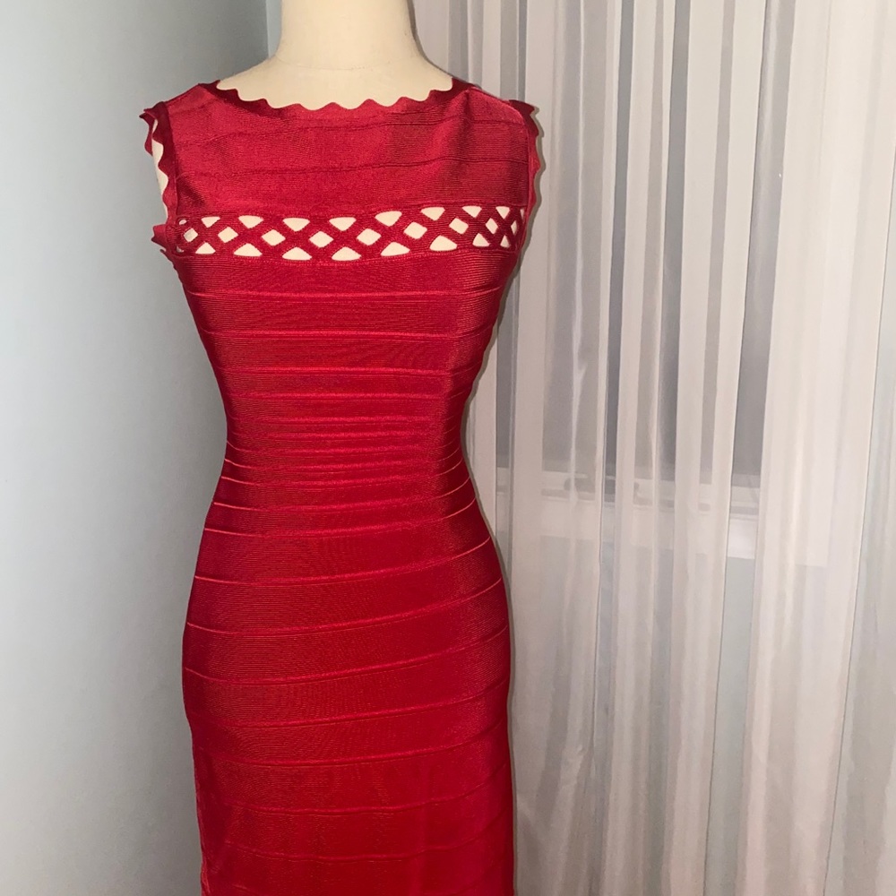 Herve Leger Nathalie Red Optic Criss Cross Dress
